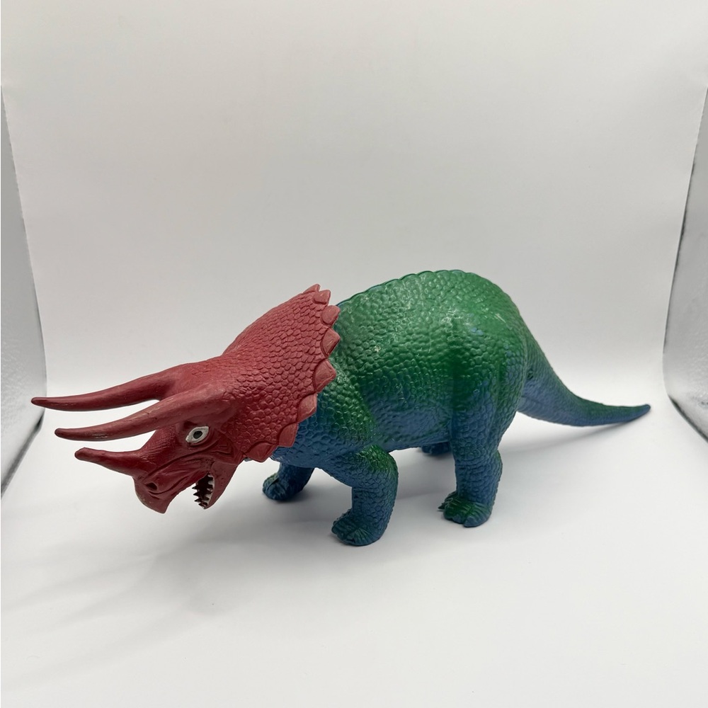 Vintage 1980s DOR MEI Dinosaur Triceratops Plastic Figure Toy Blue Green Red